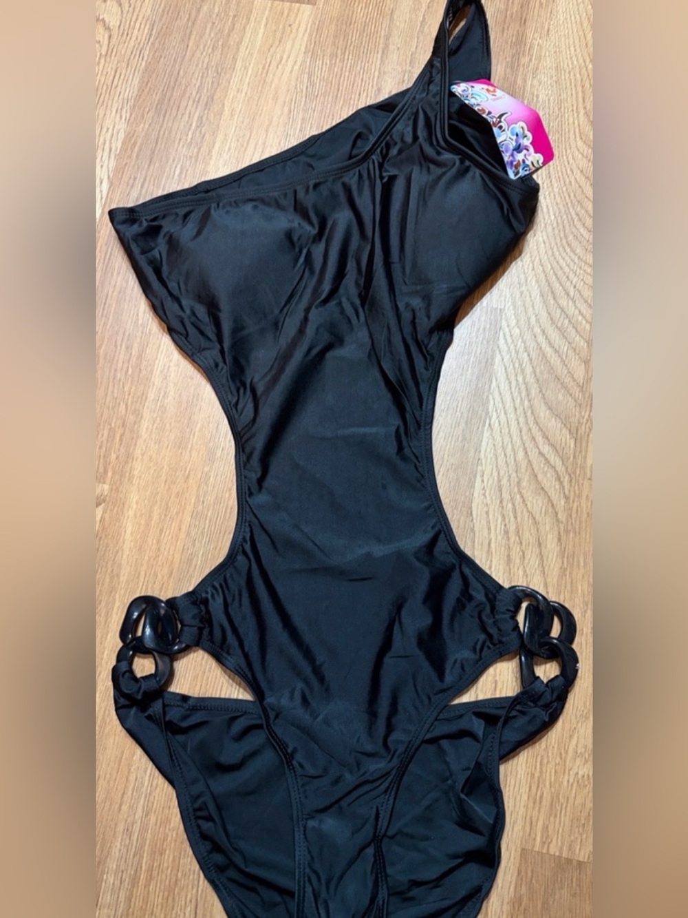 SwimMart One Shoulder Black One-Piece Swimsuit with Side Ring Accents | XXL